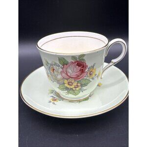 VTG Paragon Double Warrant Pale Mint Green Teacup Saucer Cabbage Rose READ